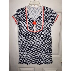 Crewcuts Girl's 12 Terry Cloth Dress Short Sleeve Printed Cover Up Navy Tassels